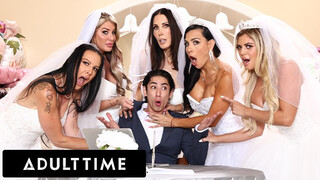 Big-tailed wedding planner is being taught a lesson by giant-keyed milf brides with crazy reverse gangbang